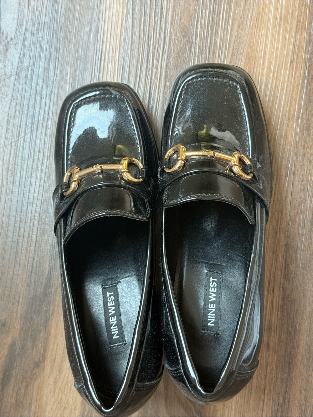 Nine West Black Patent Loafers with Gold-Tone Bit